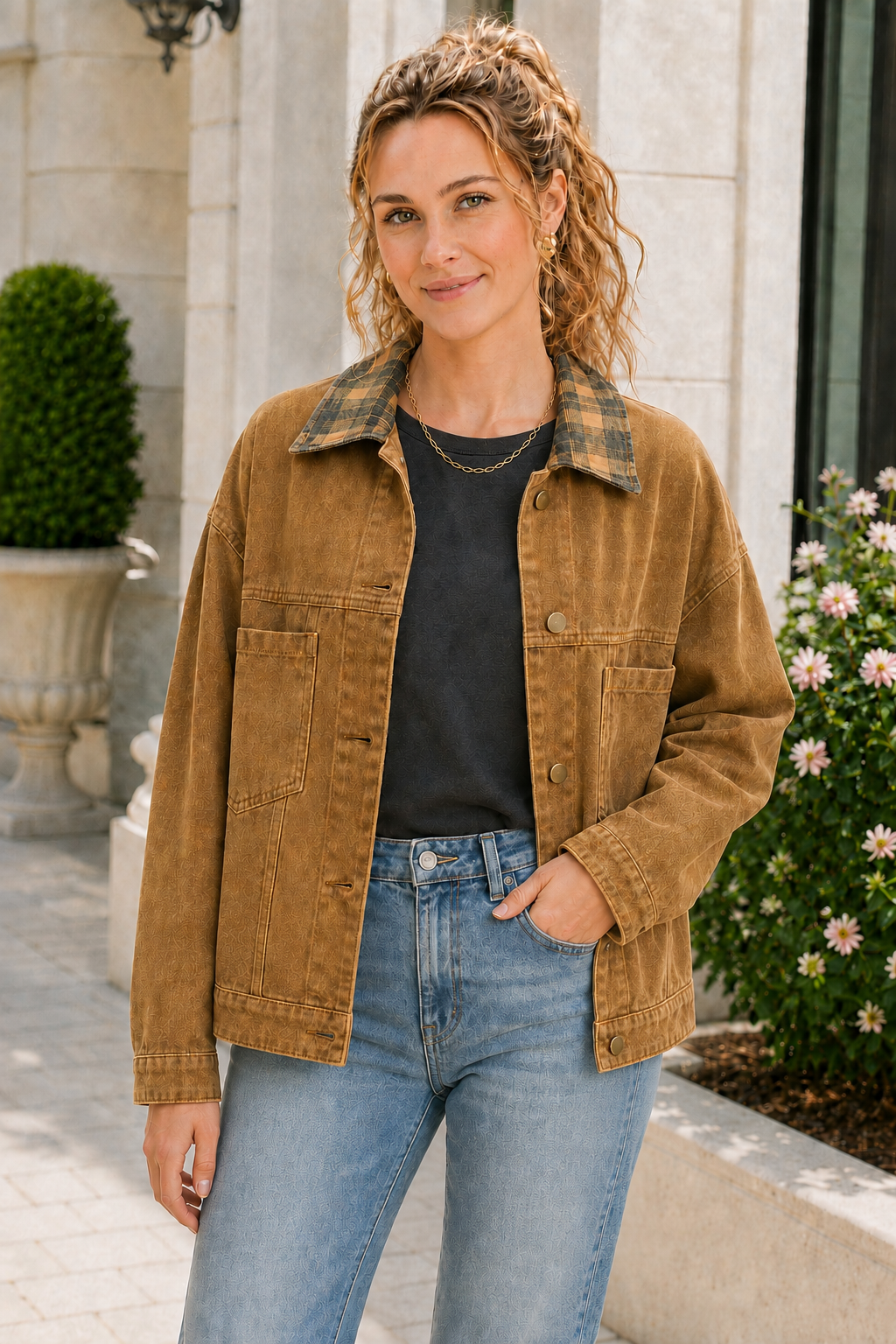 Vintage Plaid Collar Denim Jacket