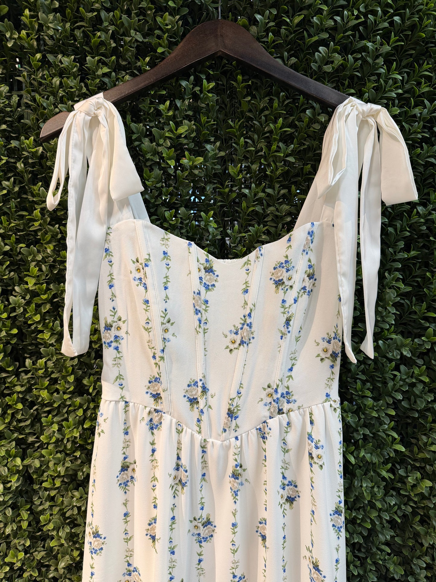 Sweetheart Tie-Strap Floral Corset Midi Dress