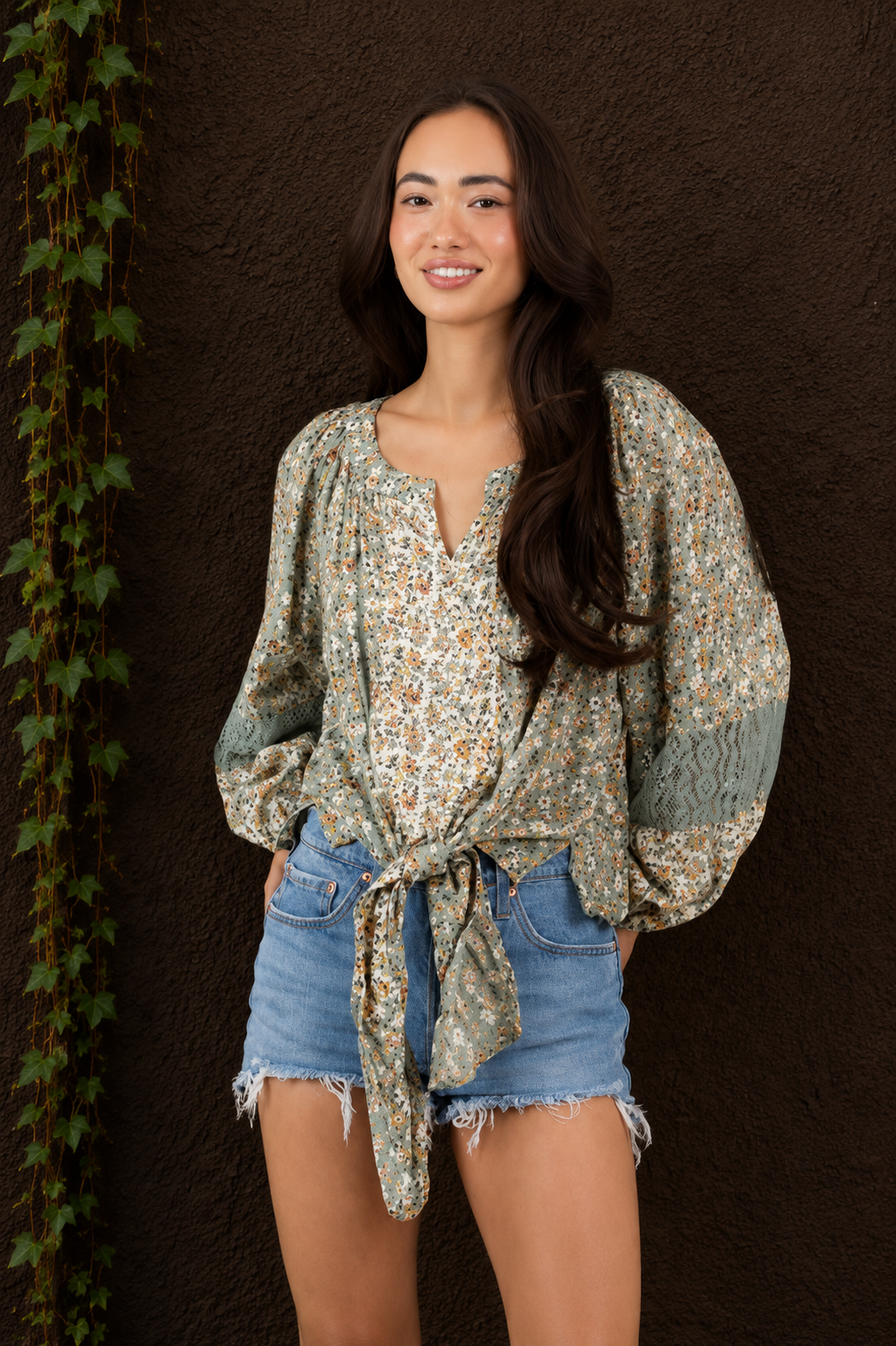 Floral Tie Front Lace Blouse