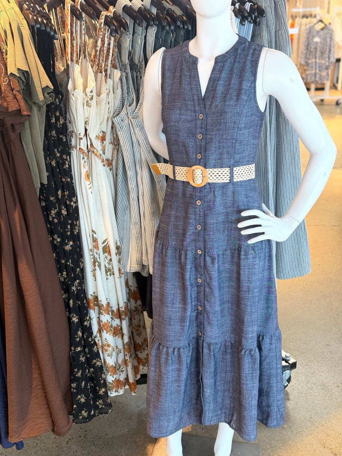 Belted Button Front Tiered Midi Dress