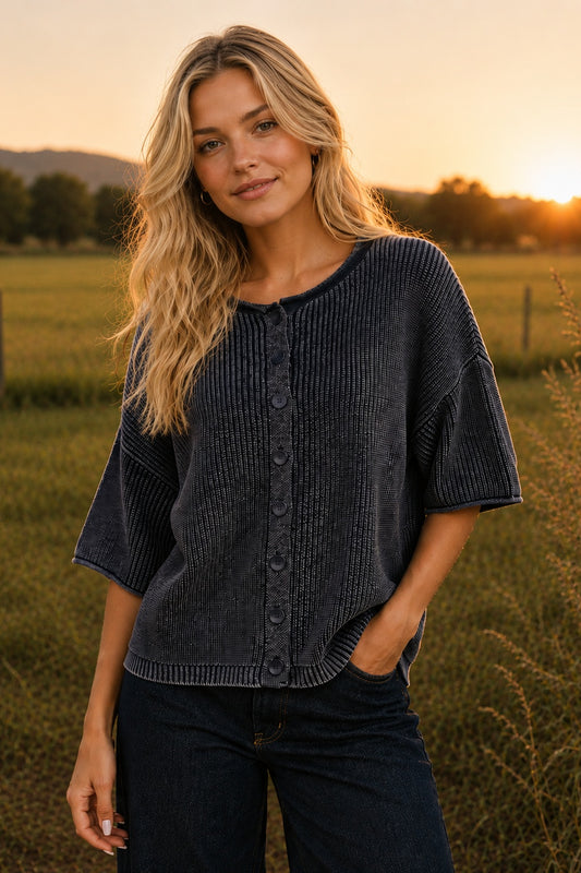 Washed Ribbed Short Sleeve Cardigan