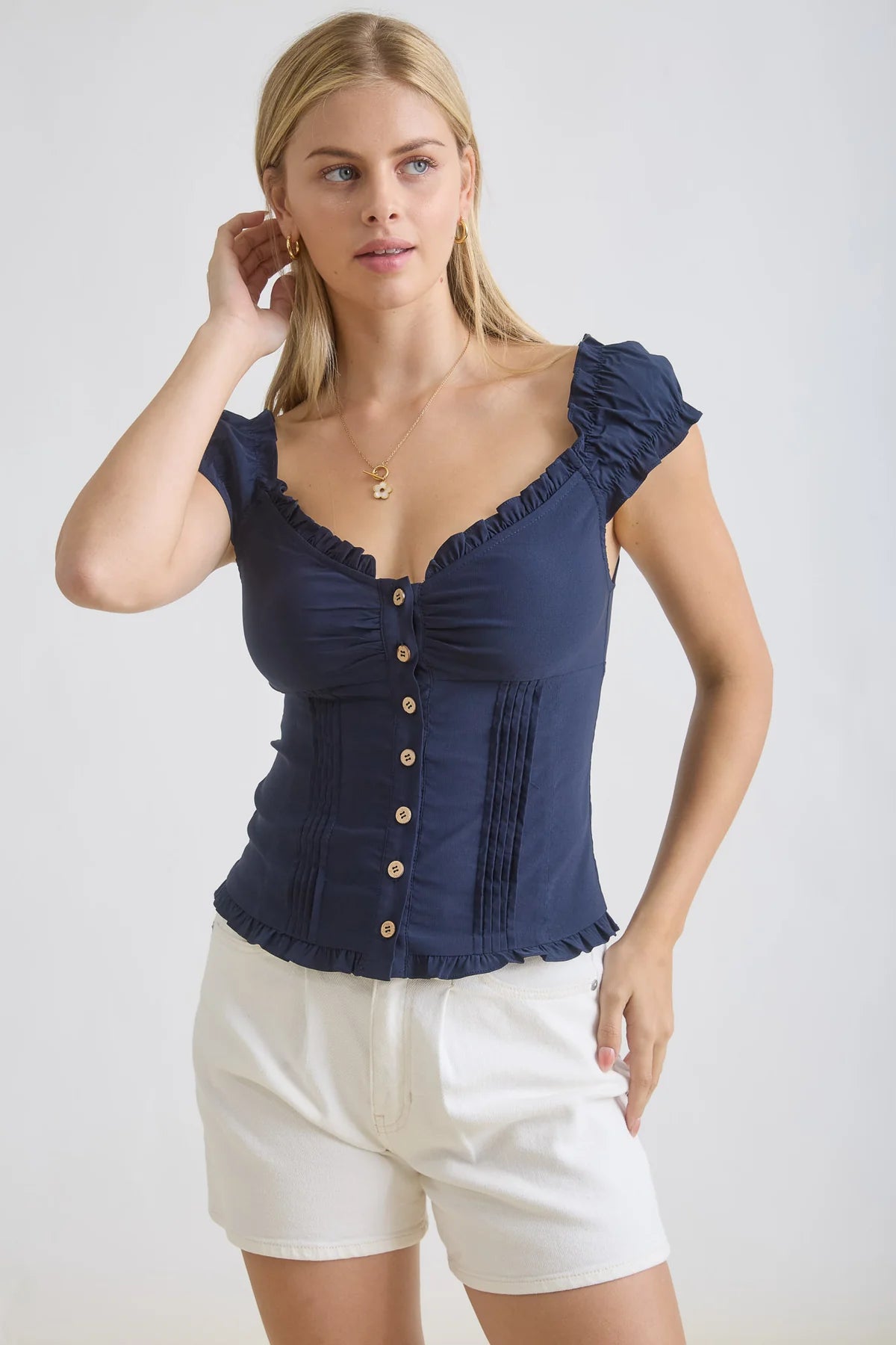 Sweetheart Pintuck Button Top