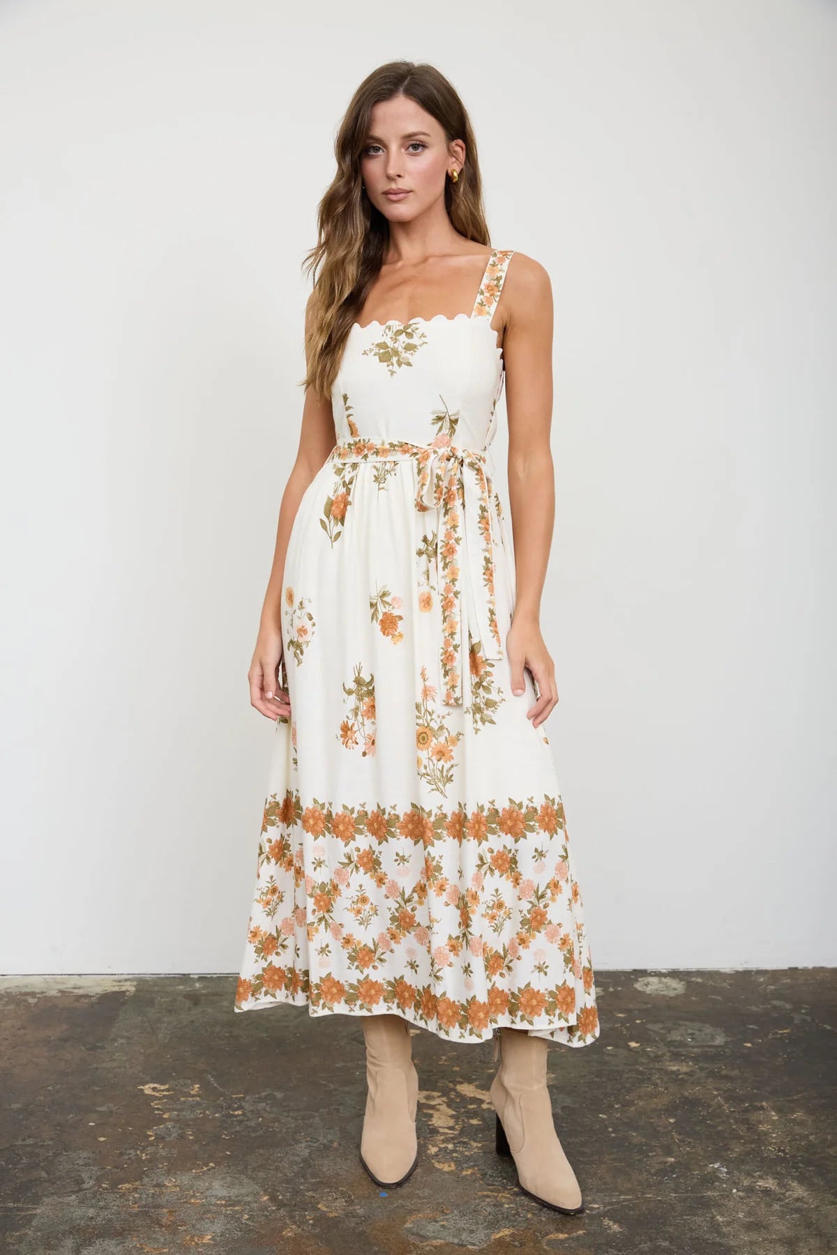 Floral Border Print Belted Midi Dress