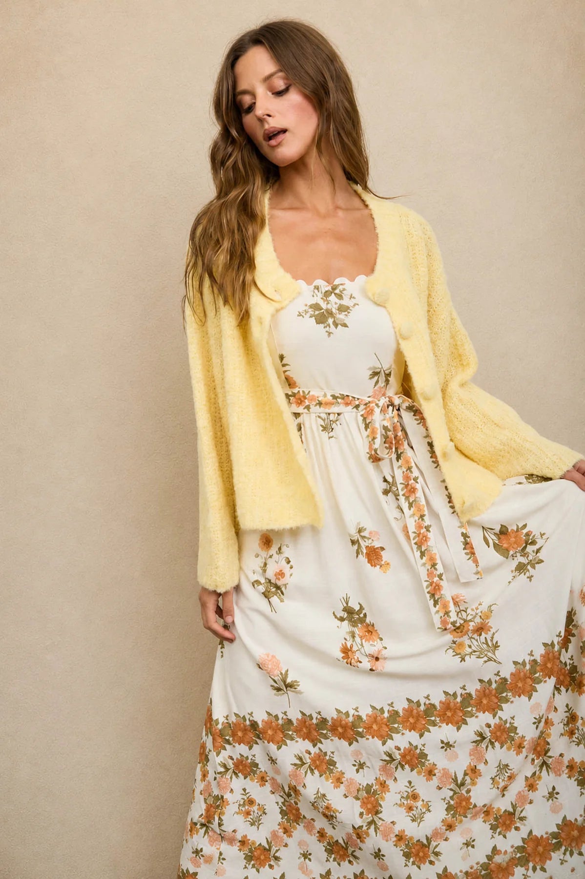 Floral Border Print Belted Midi Dress
