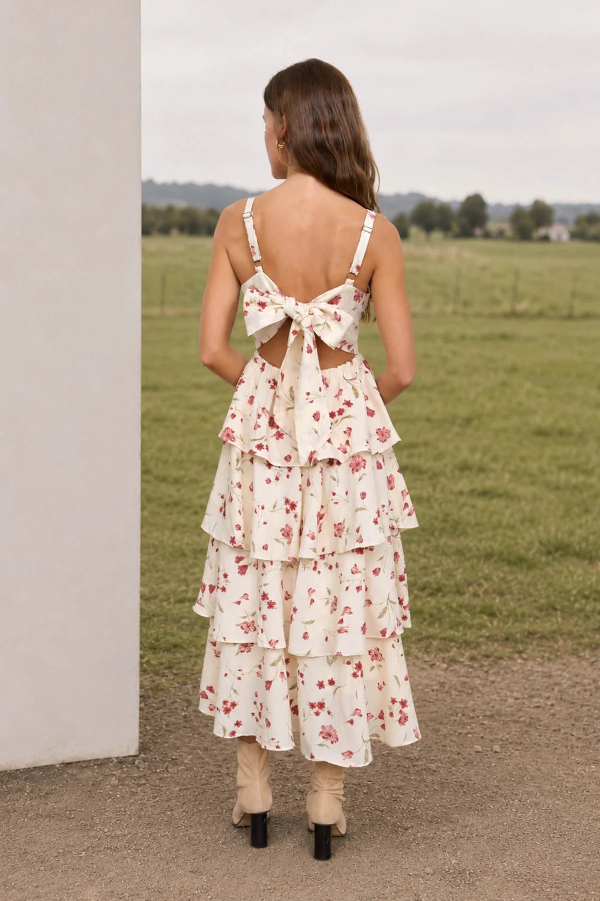 Floral Back Tie Tiered Midi Dress