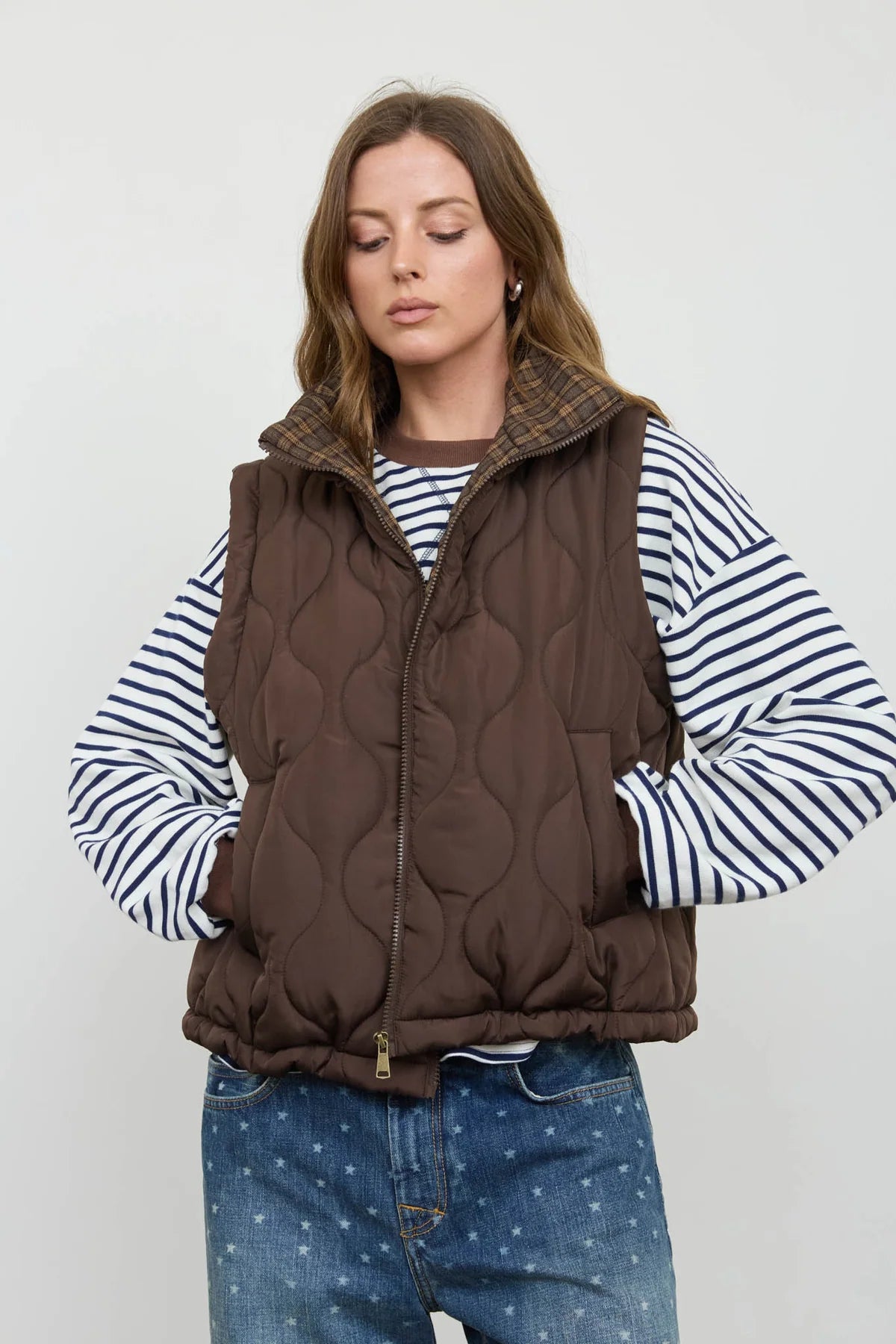 Plaid Collar Quilted Zip Up Vest