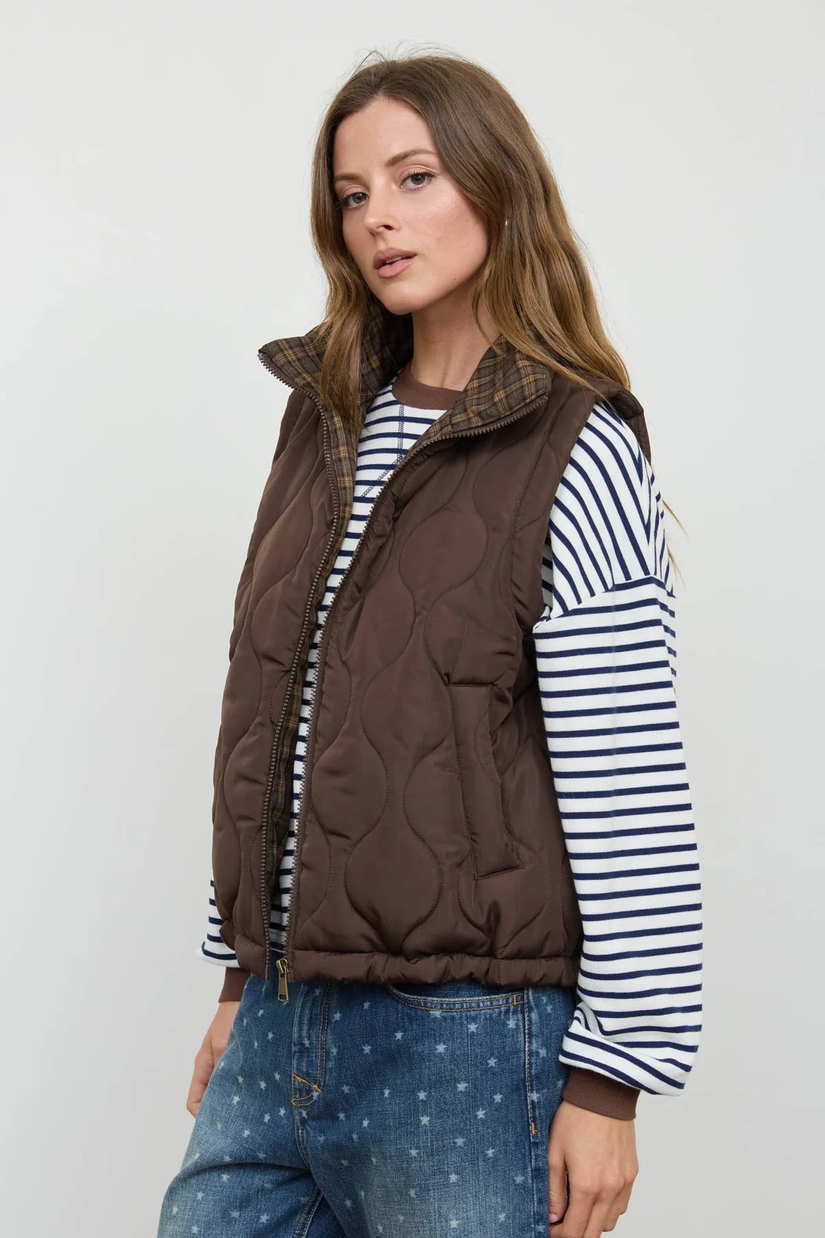 Plaid Collar Quilted Zip Up Vest