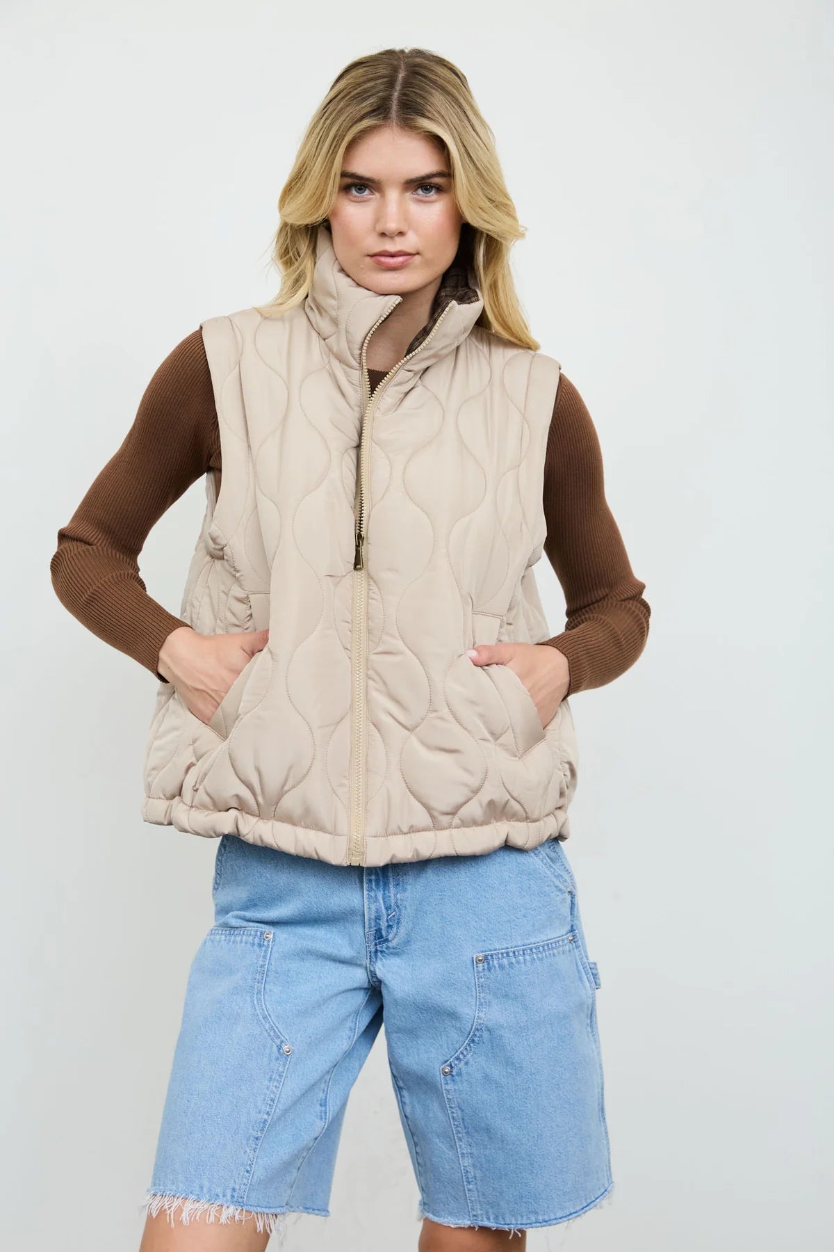 Plaid Collar Quilted Zip Up Vest