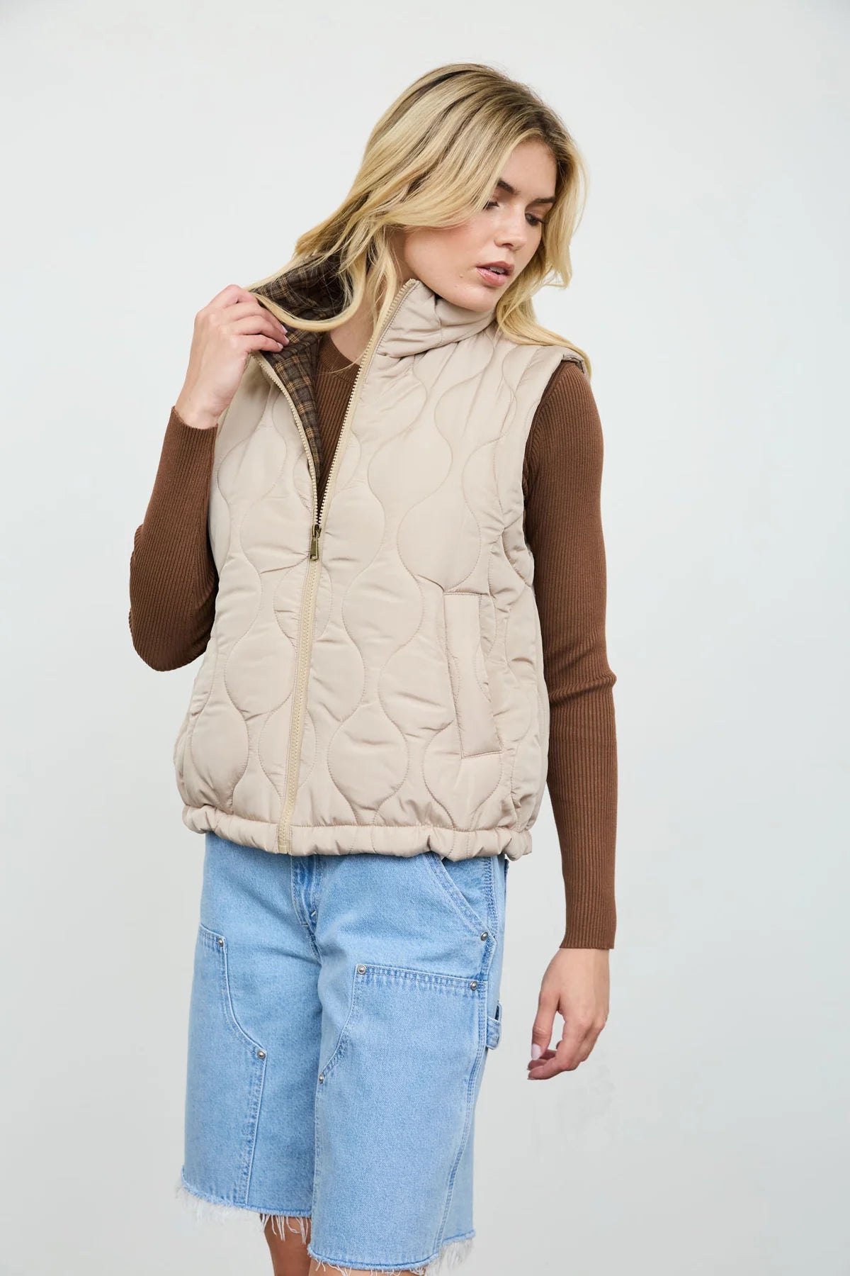 Plaid Collar Quilted Zip Up Vest