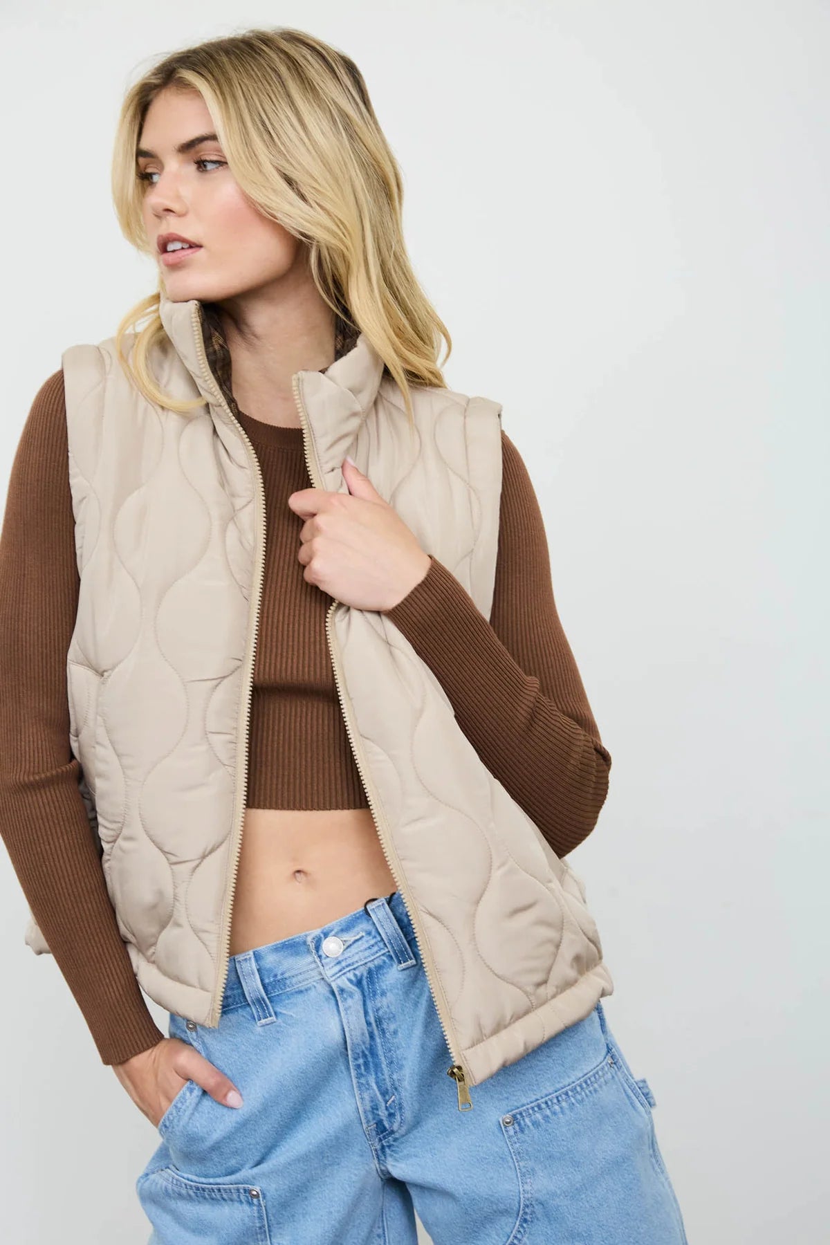 Plaid Collar Quilted Zip Up Vest
