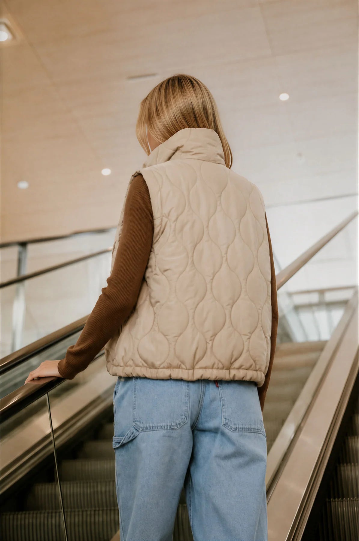 Plaid Collar Quilted Zip Up Vest