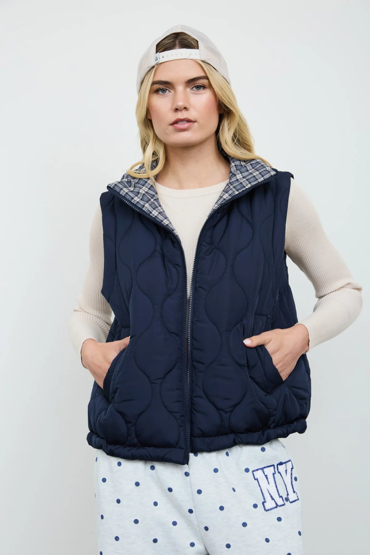 Plaid Collar Quilted Zip Up Vest