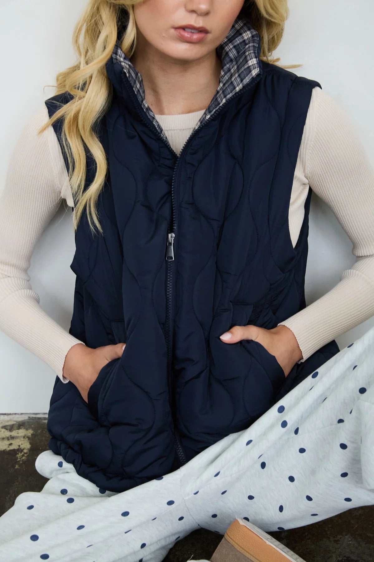 Plaid Collar Quilted Zip Up Vest