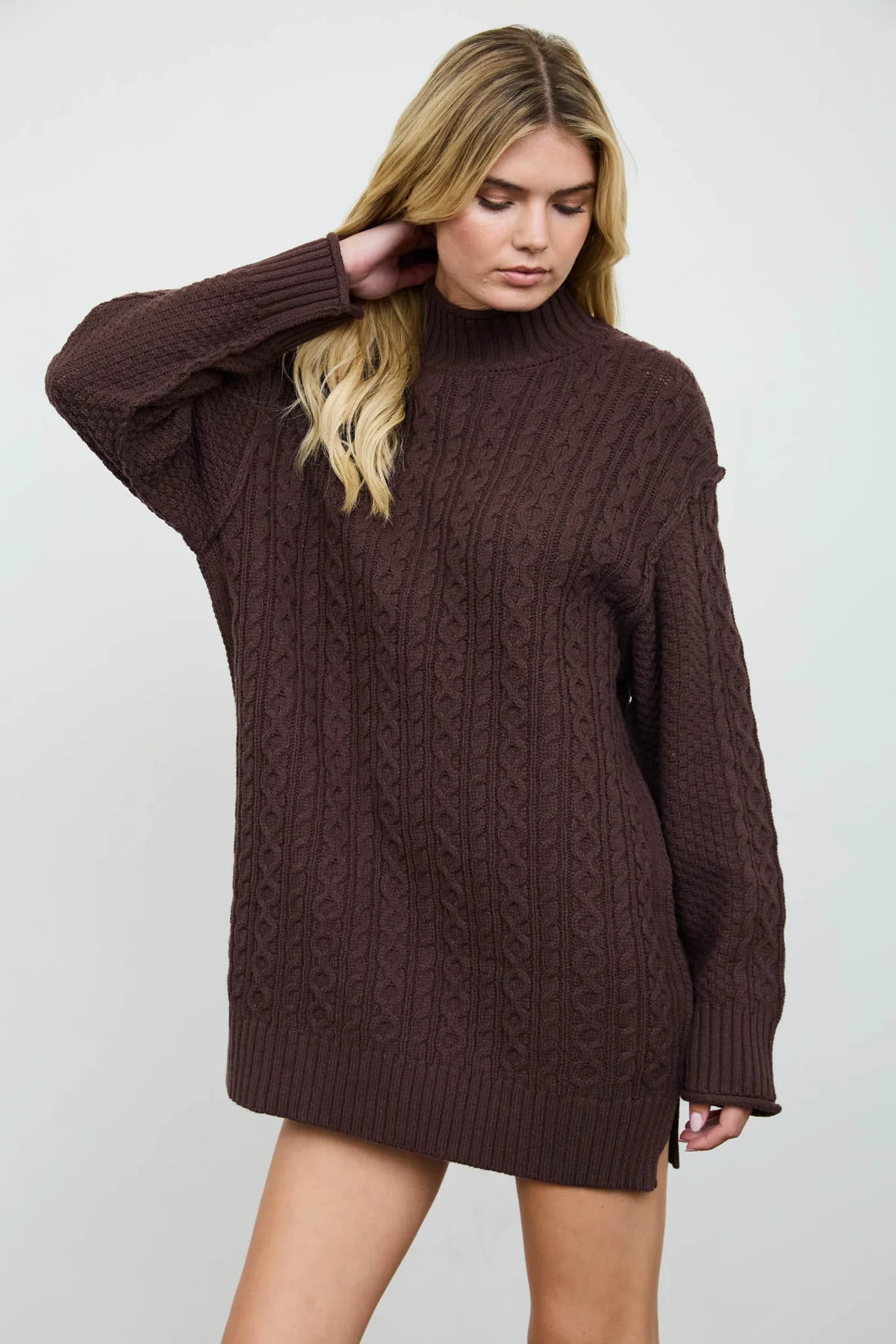 Cable Knit Mock Neck Sweater Dress