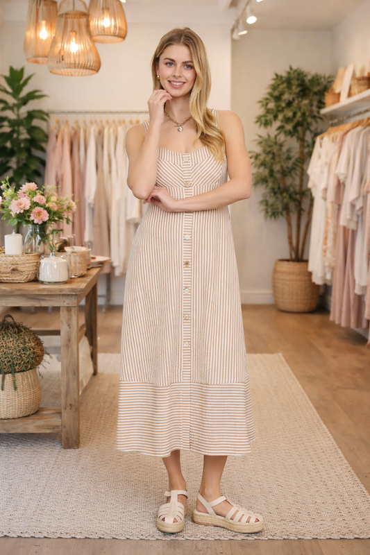 Striped Button Front Midi Dress