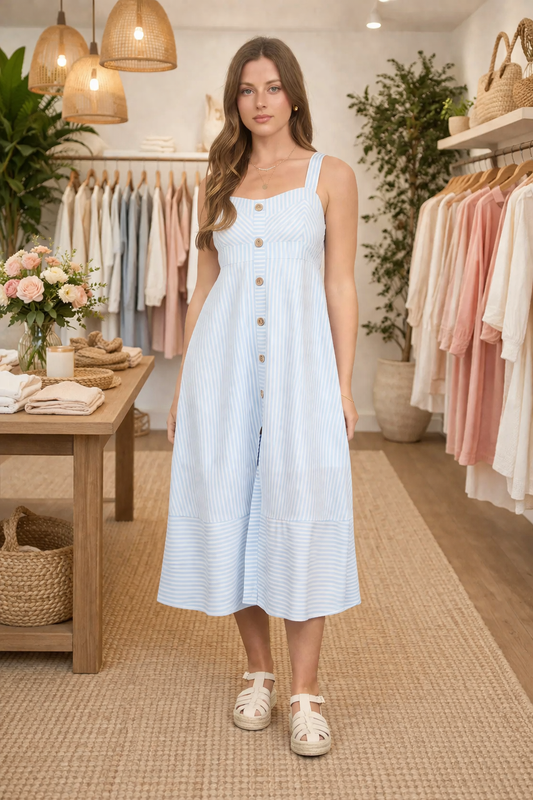 Striped Button Front Midi Dress