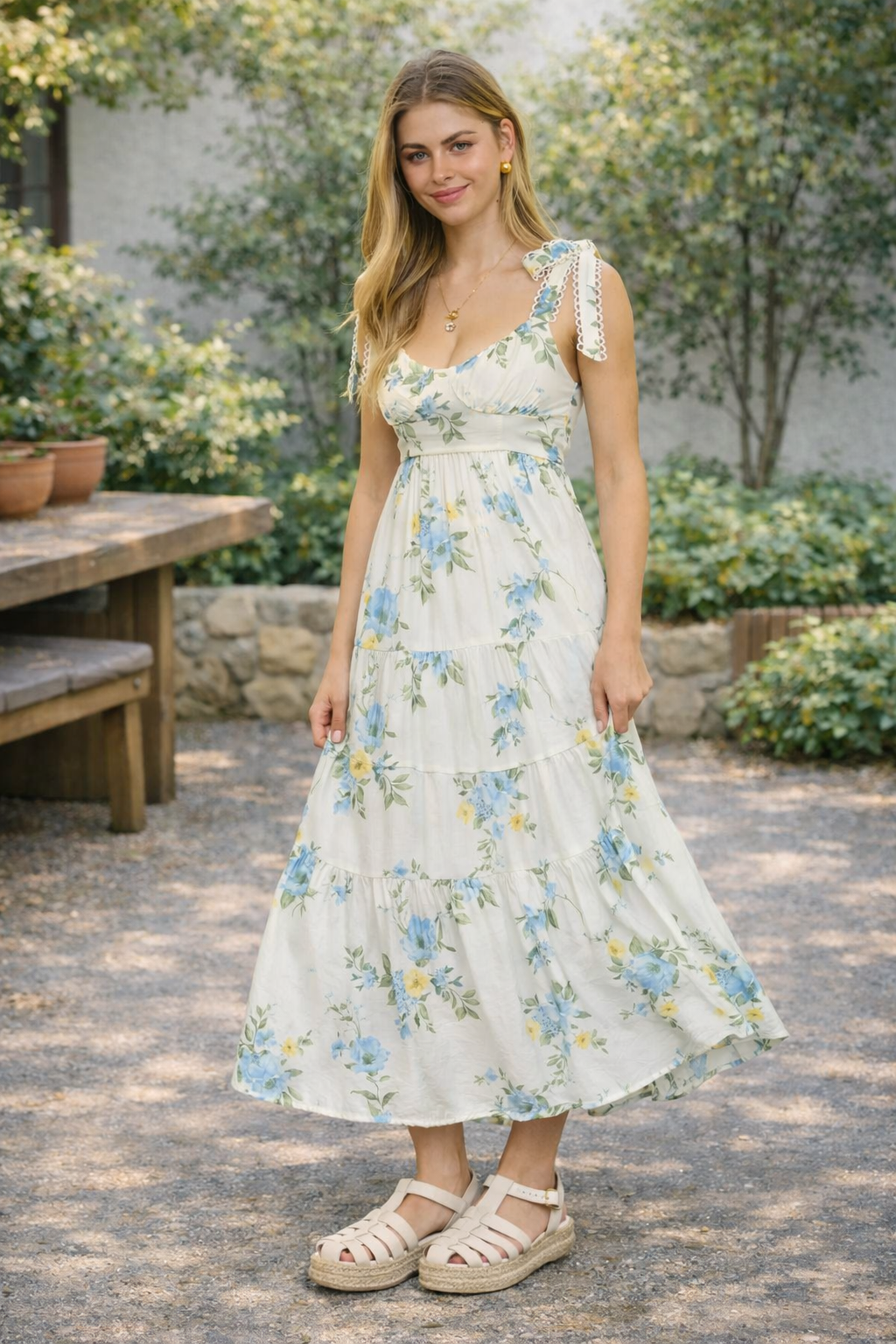 Romantic Tiered Floral Corset Midi Dress