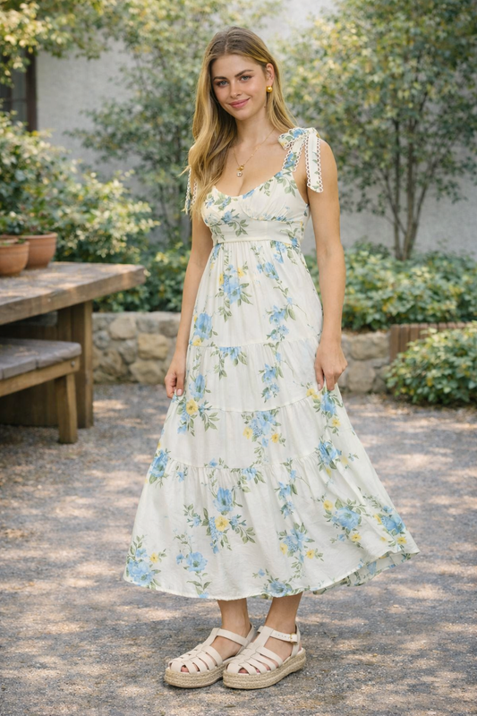 Romantic Tiered Floral Corset Midi Dress