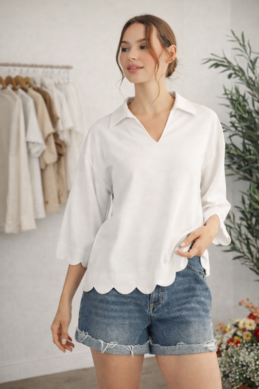 Scallop Edge Collared V-Neck Top