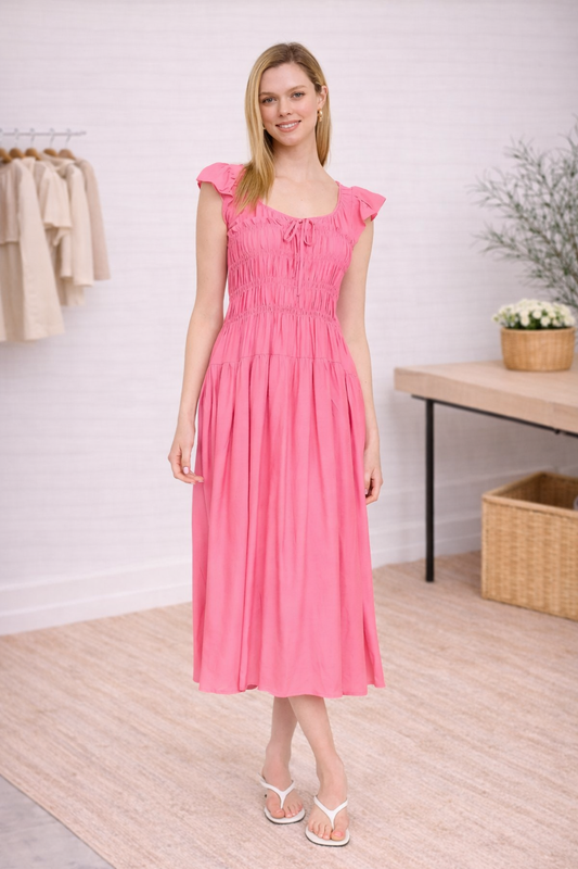 Shirred Ruffle Sleeve Midi Dress