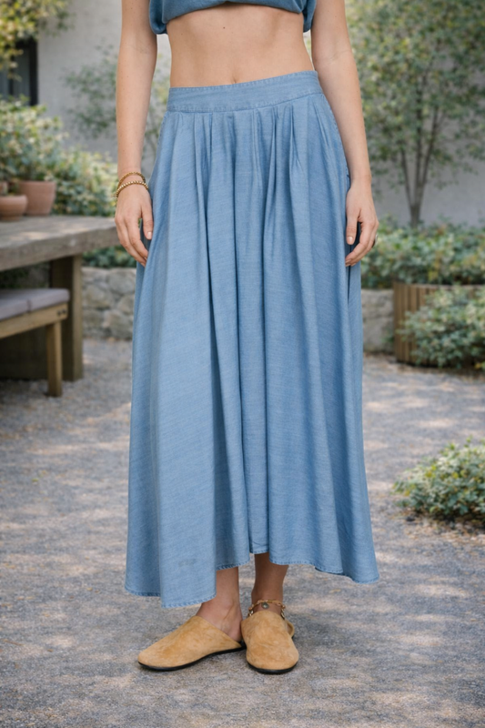 Chambray Pleated Midi Skirt