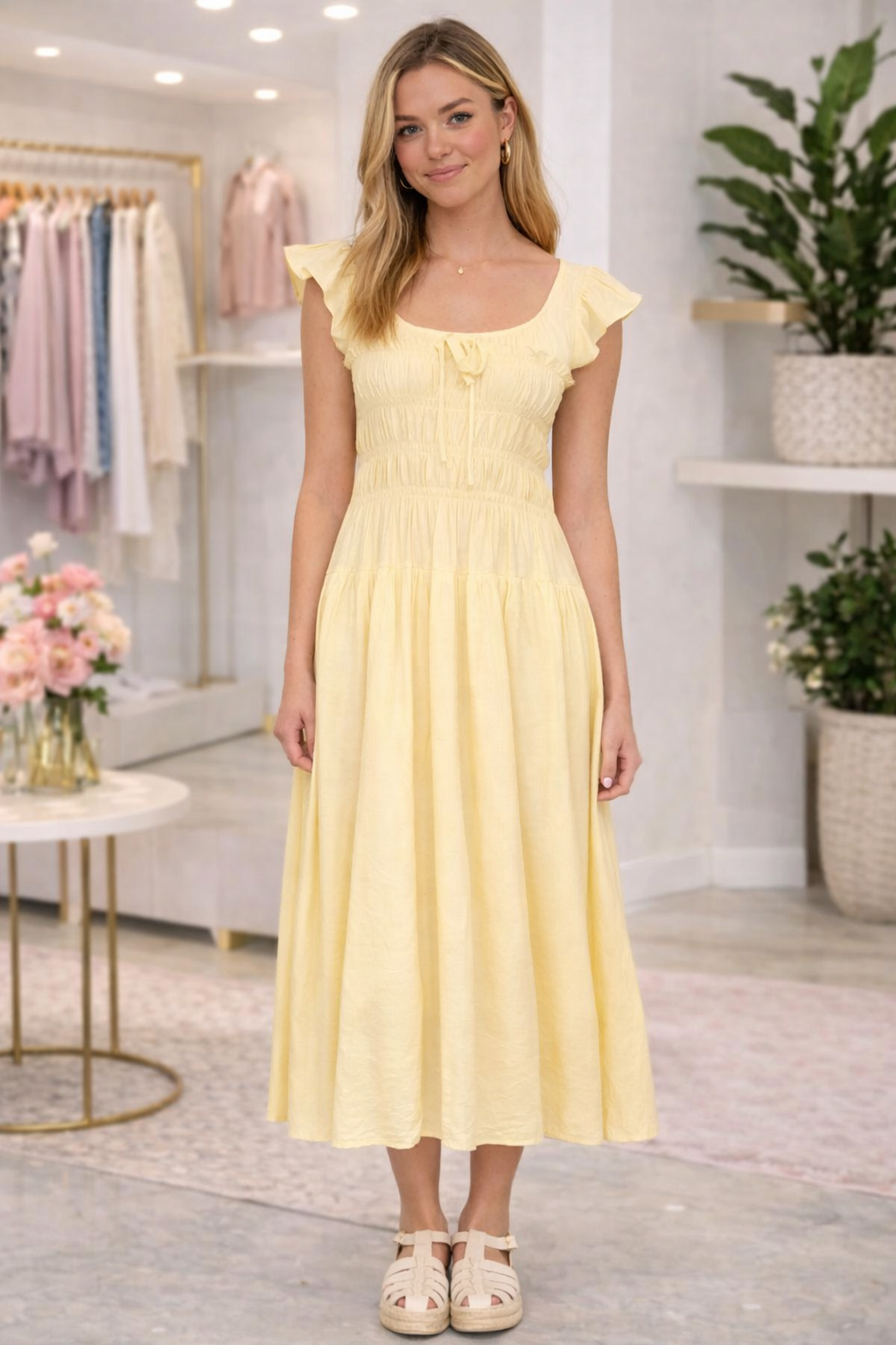 Ruffle Sleeve Shirred Midi Dress