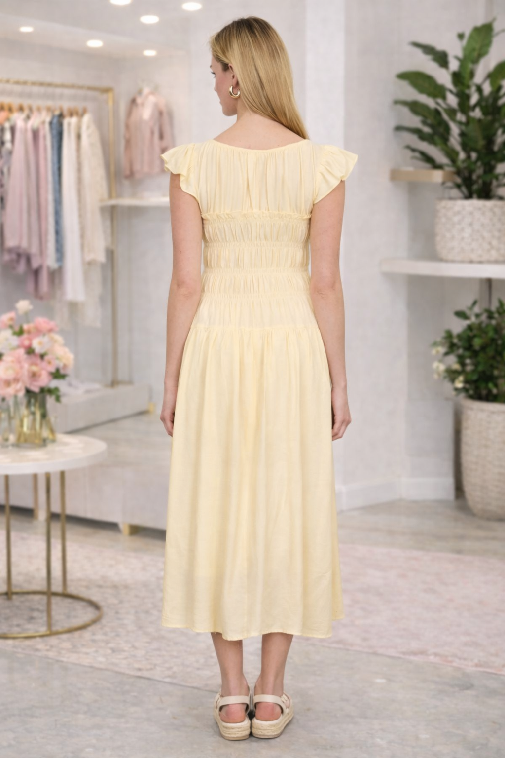 Ruffle Sleeve Shirred Midi Dress