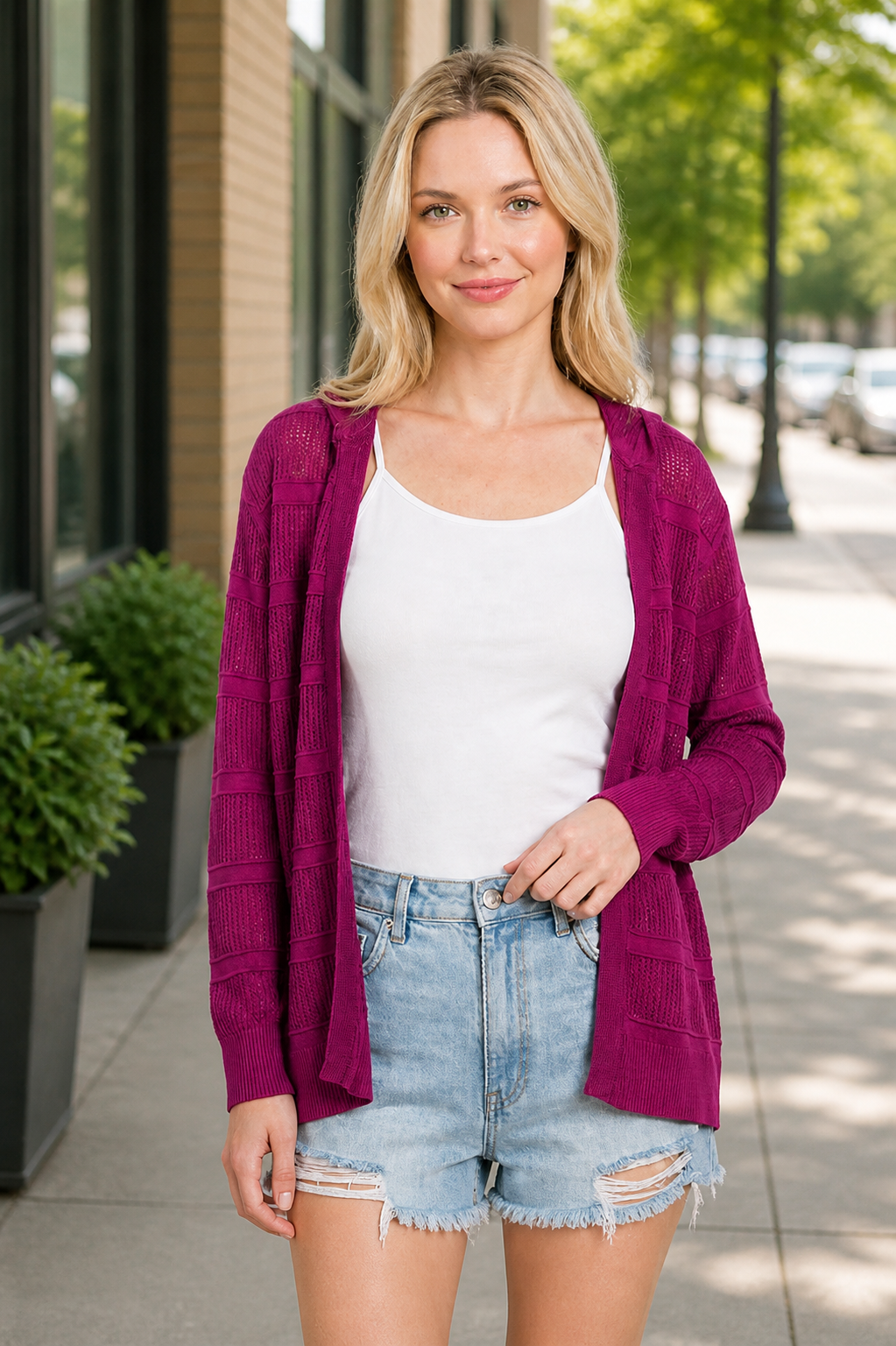 Pointelle Stripe Hooded Cardigan