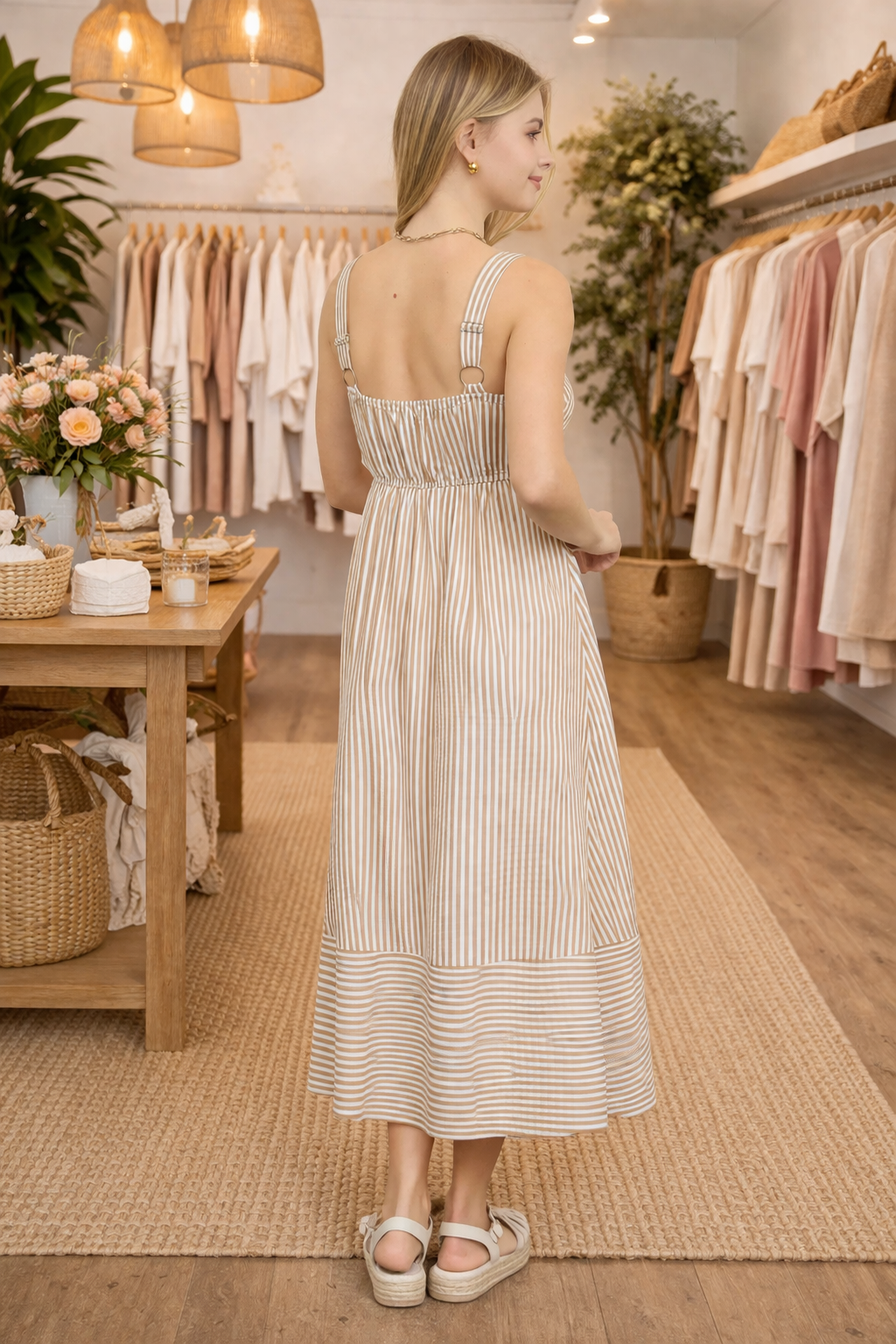 Striped Button Front Midi Dress