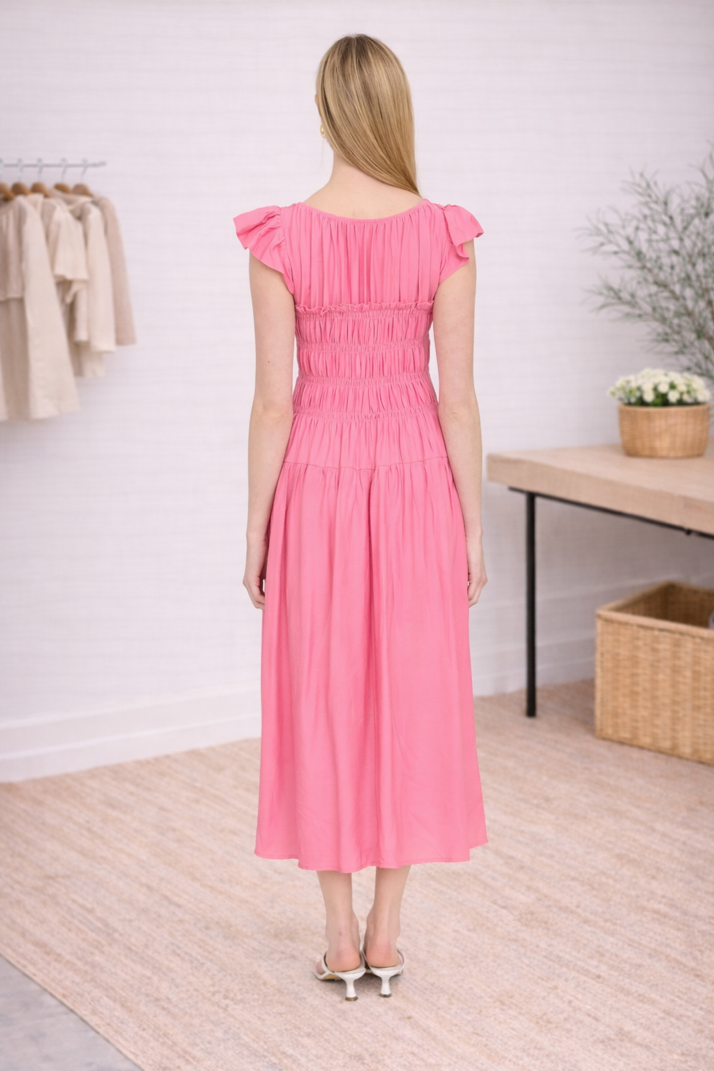Shirred Ruffle Sleeve Midi Dress