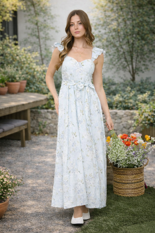 FLORAL WAIST TIE SIDE SLIT CORSET MAXI DRESS