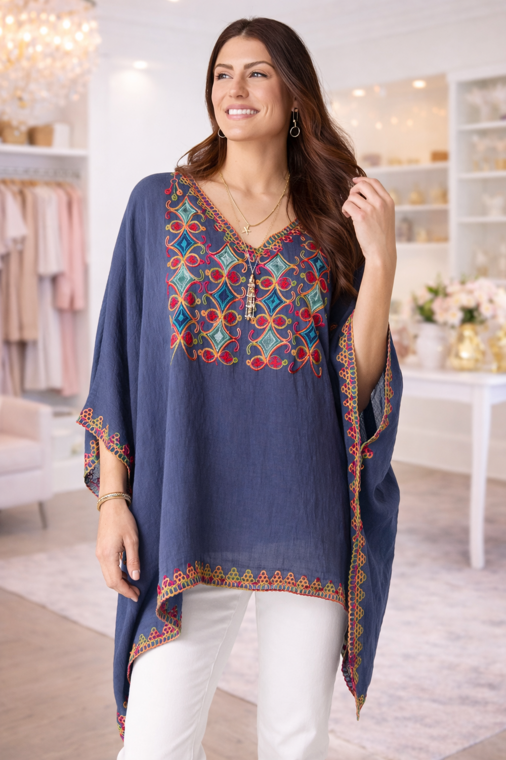 Embroidered V-Neck Poncho Top