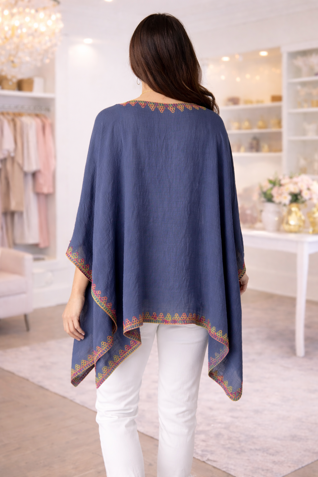 Embroidered V-Neck Poncho Top