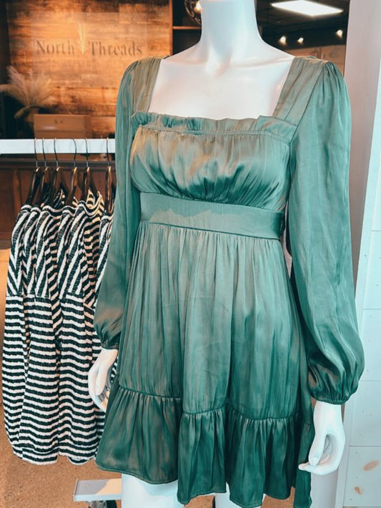 Satin Sage Smocked Dress
