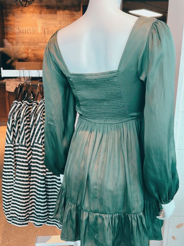 Satin Sage Smocked Dress