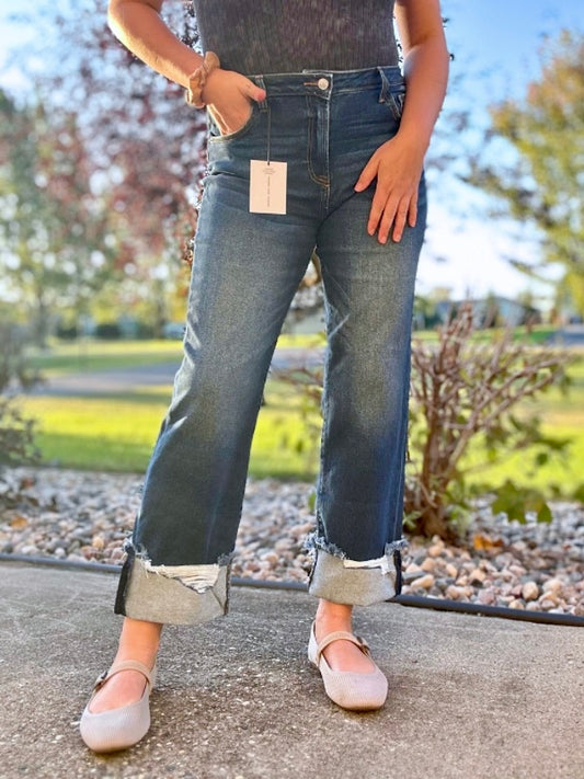 Zenana Cuffed or Uncuffed Distressed Hem Jeans