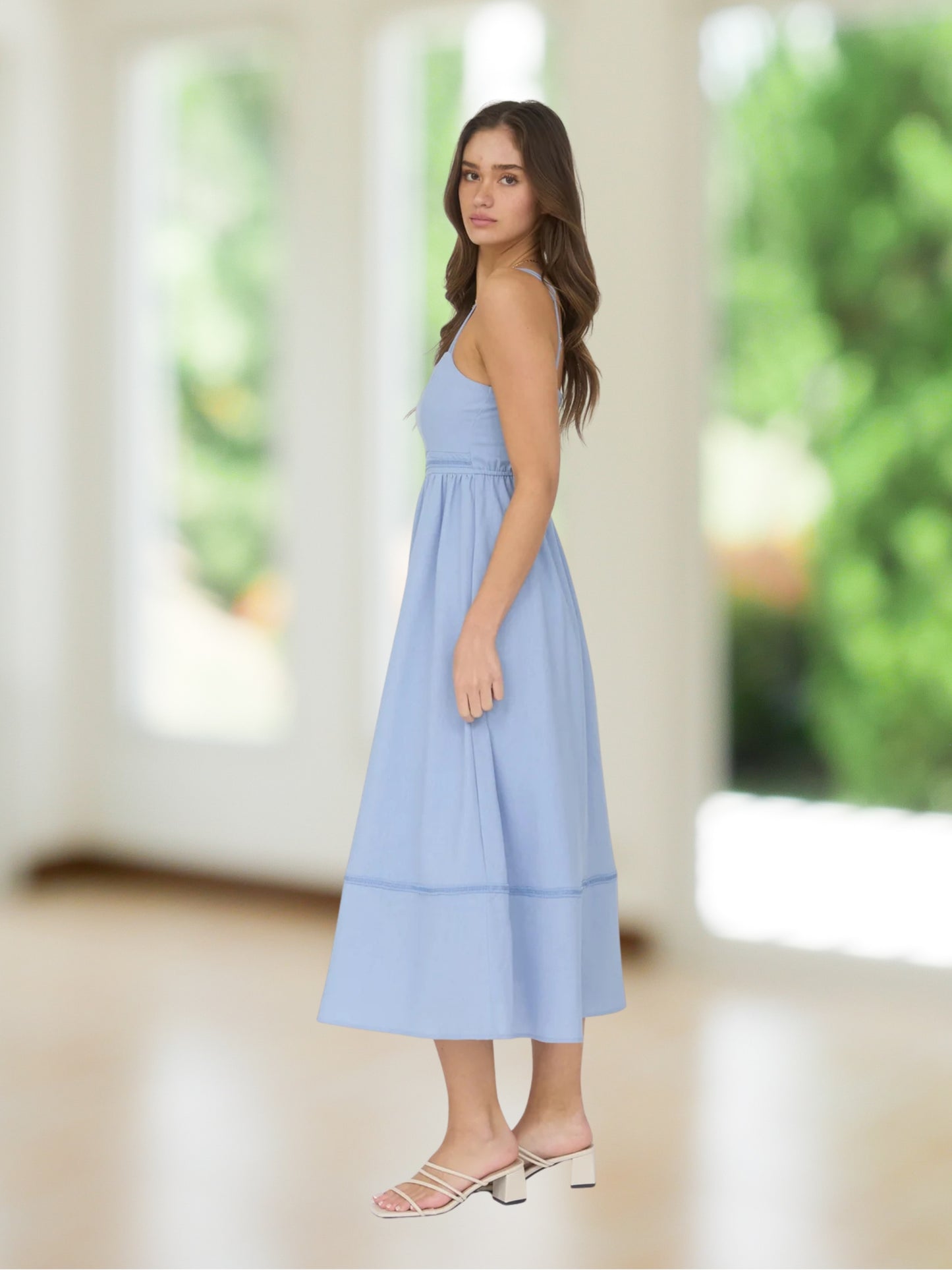 Square Neck Lace Trim Midi Dress