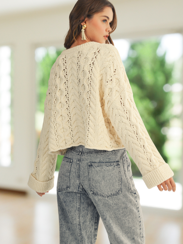 Soft Twisted Ribbed Half Buttons Down Sweater