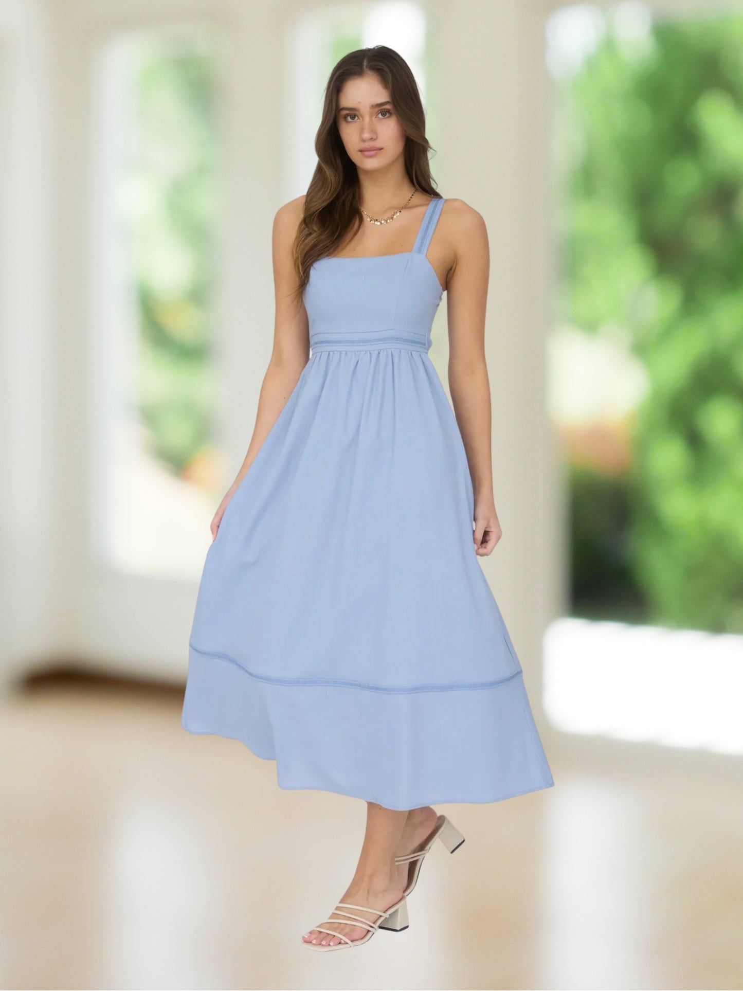 Square Neck Lace Trim Midi Dress