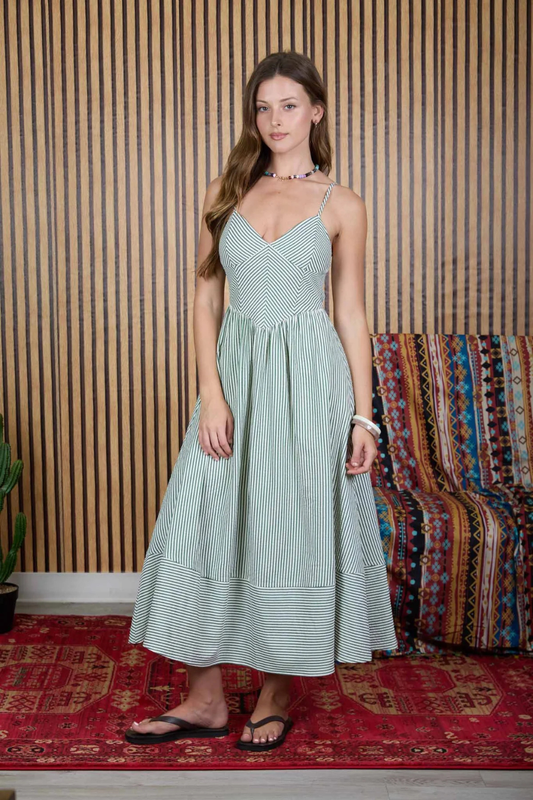 Striped Basque Waist Midi Dress