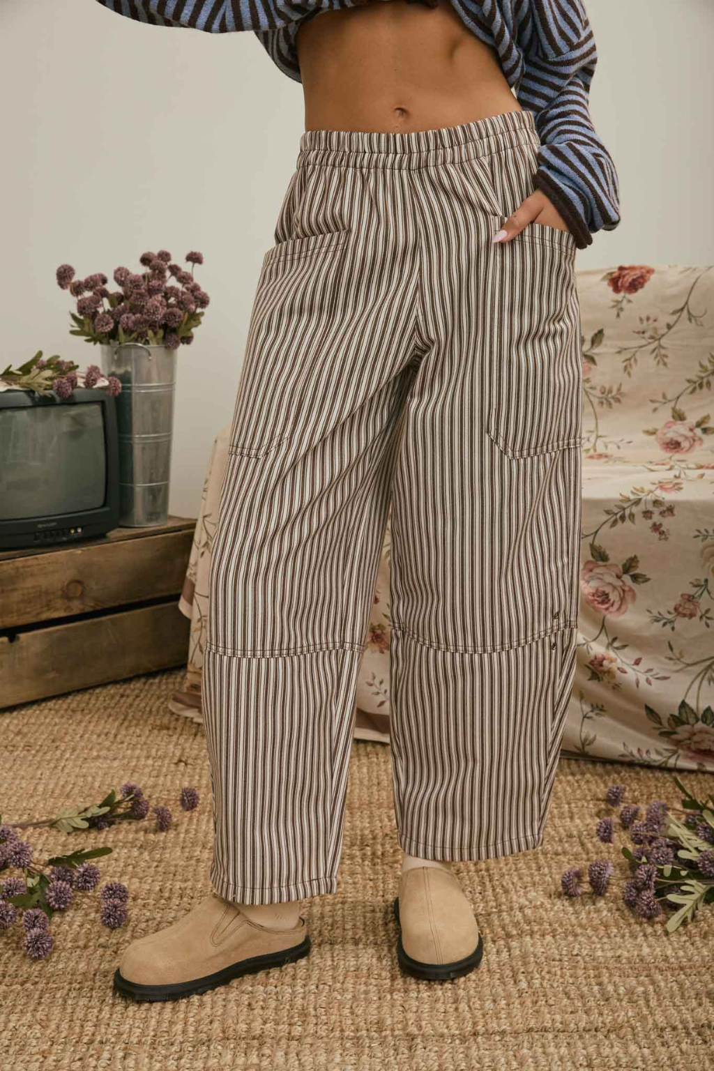 Striped Elastic Waist Patch Pocket Pants
