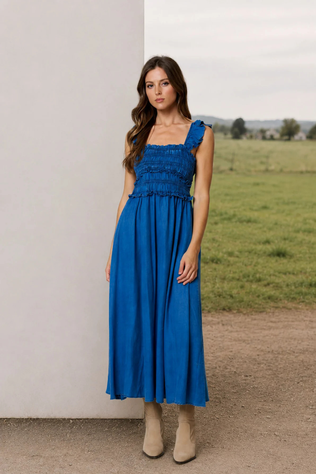 Smocked Strap Denim Midi Dress
