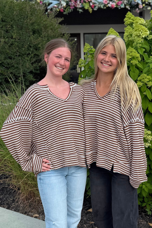 Striped Split Neck Knit Top