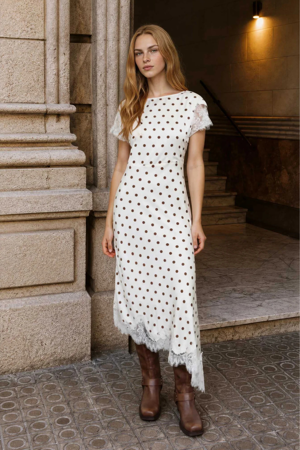 Polka Dot Lace Trim Midi Dress