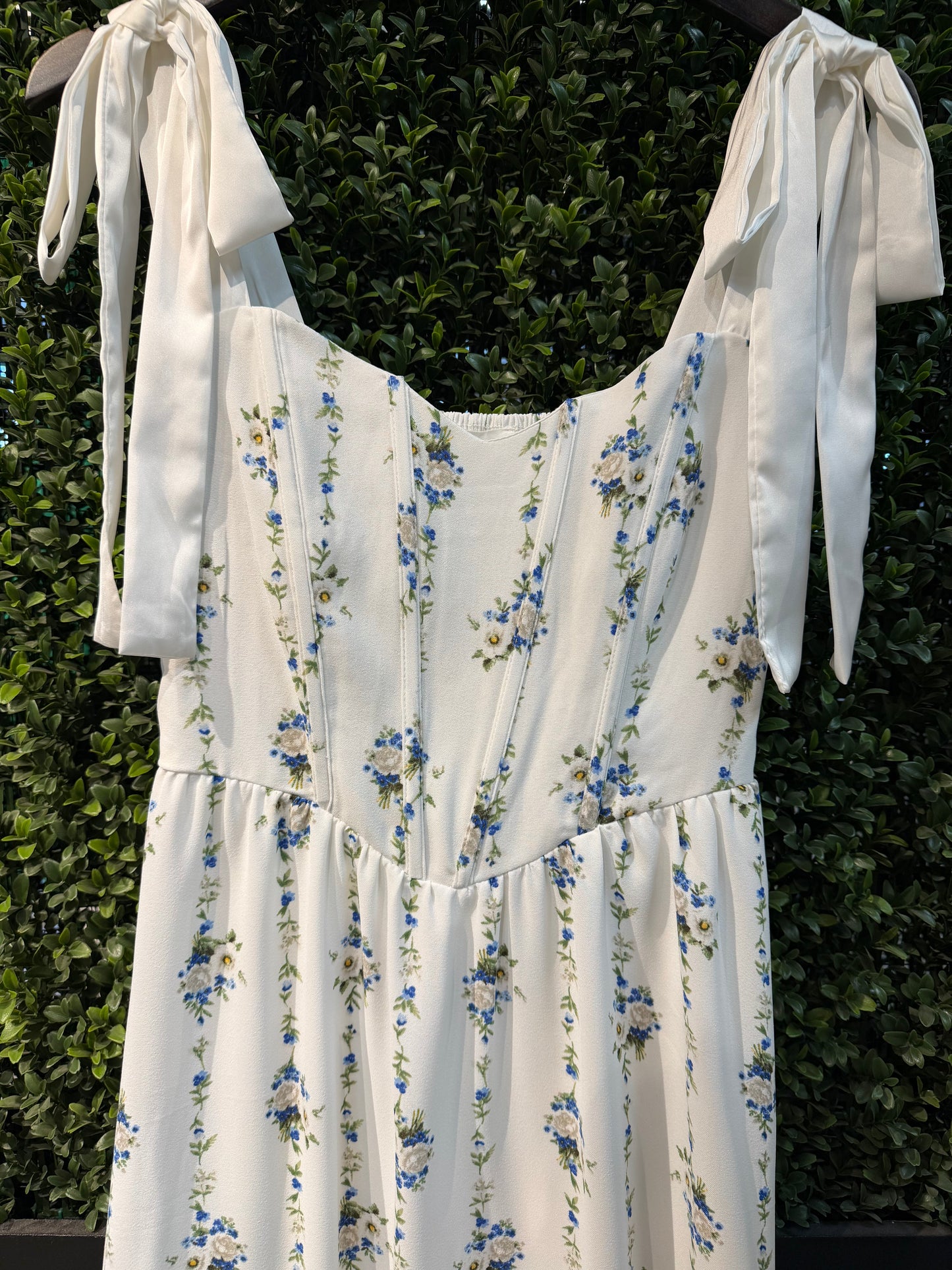 Sweetheart Tie-Strap Floral Corset Midi Dress