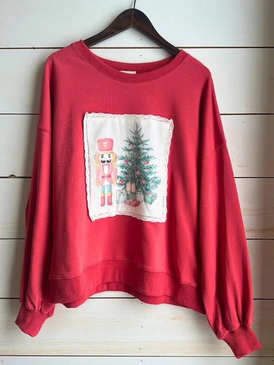 Christmas Printed Corduroy Patch Sweatshirt