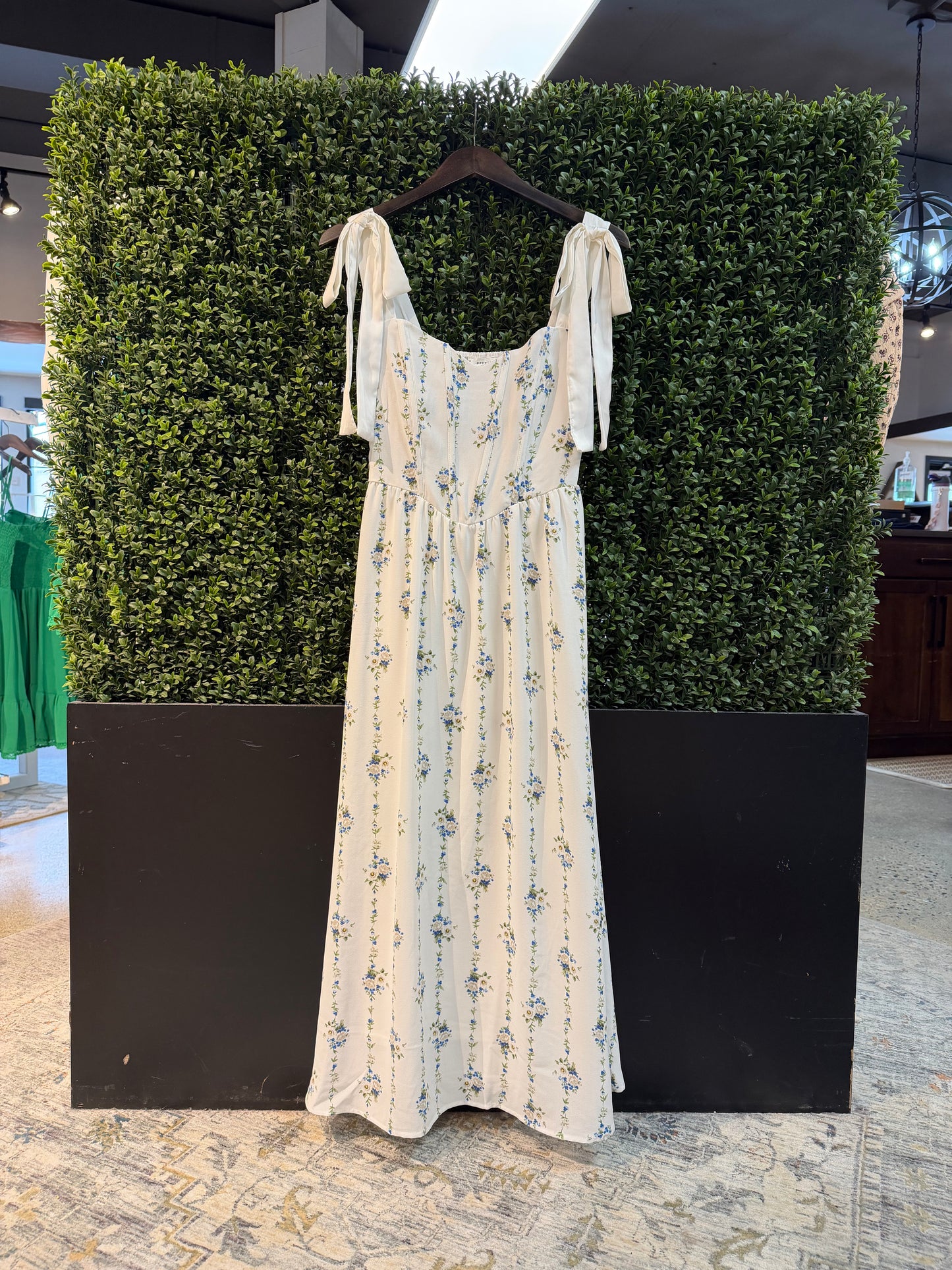 Sweetheart Tie-Strap Floral Corset Midi Dress