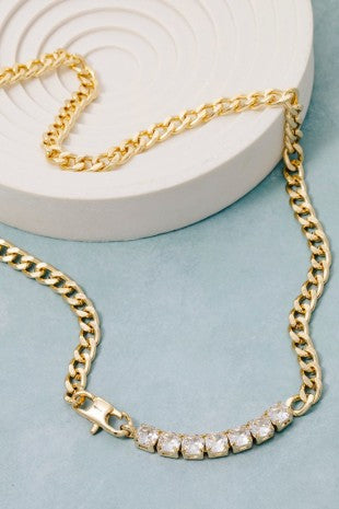 Gold Dipped Curb Chain And Cz Tennis Necklace