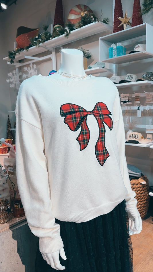 Holiday Bow Plaid Patch Sweater Pullover