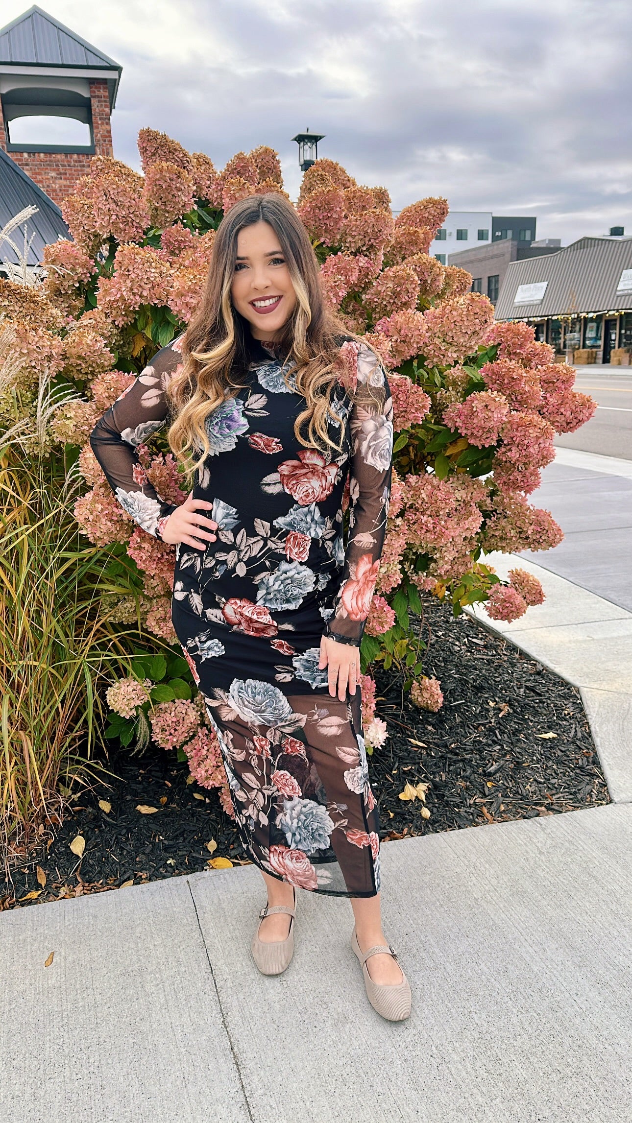 Boat Neck Shirring Detail Floral Maxi Dress